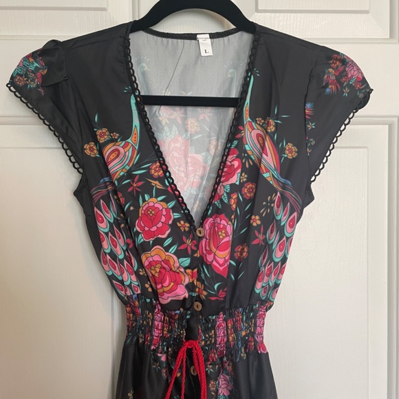V-neck High-low Peacock and Rose Drawstring Boho Dress Size L - Picture 7 of 12